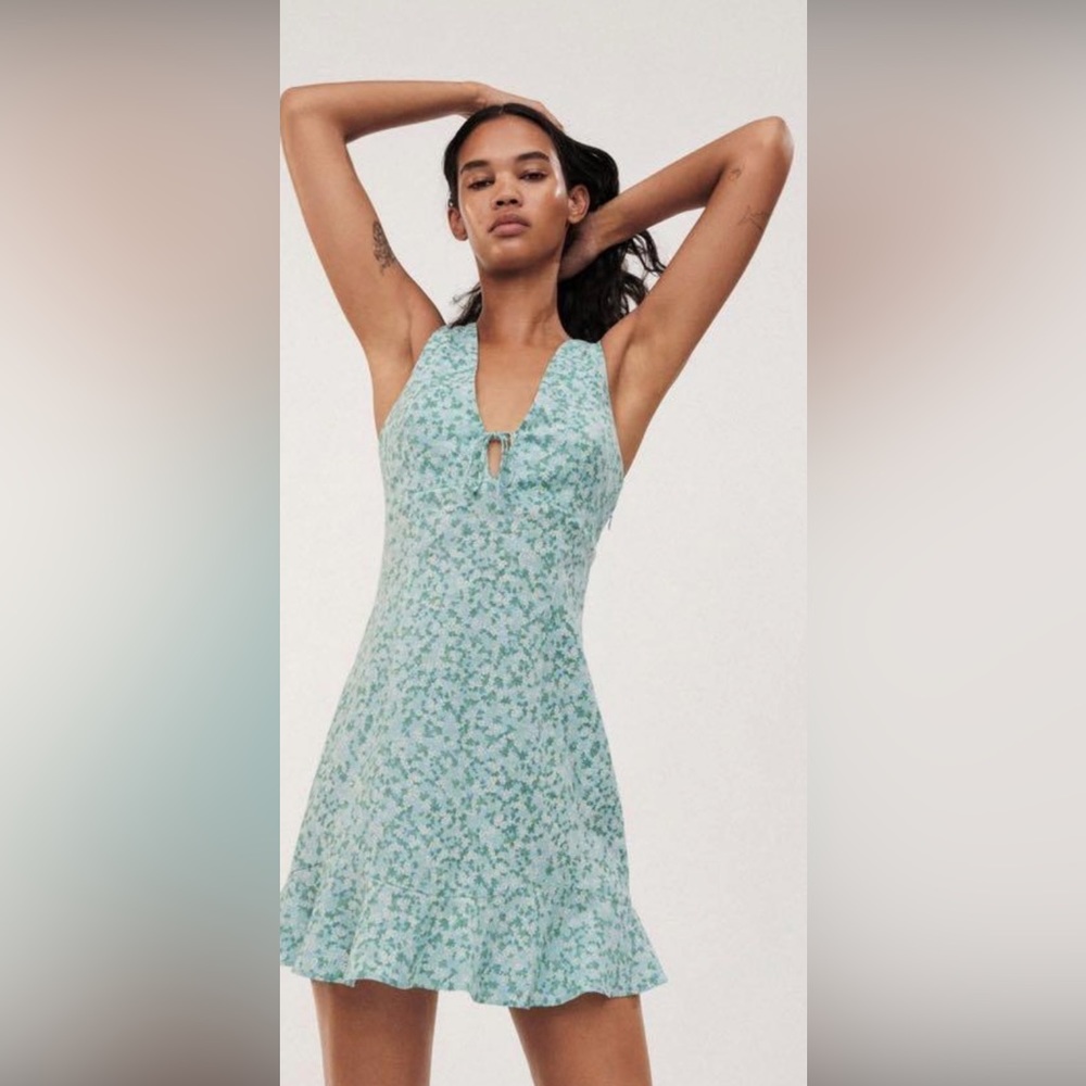 Zara Blue Green Floral V Neck Mini Dress Women’s Size Large